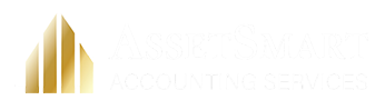 Logo for AssetSmart Accounting Services featuring sleek lettering and a stylized building design in gold and white.